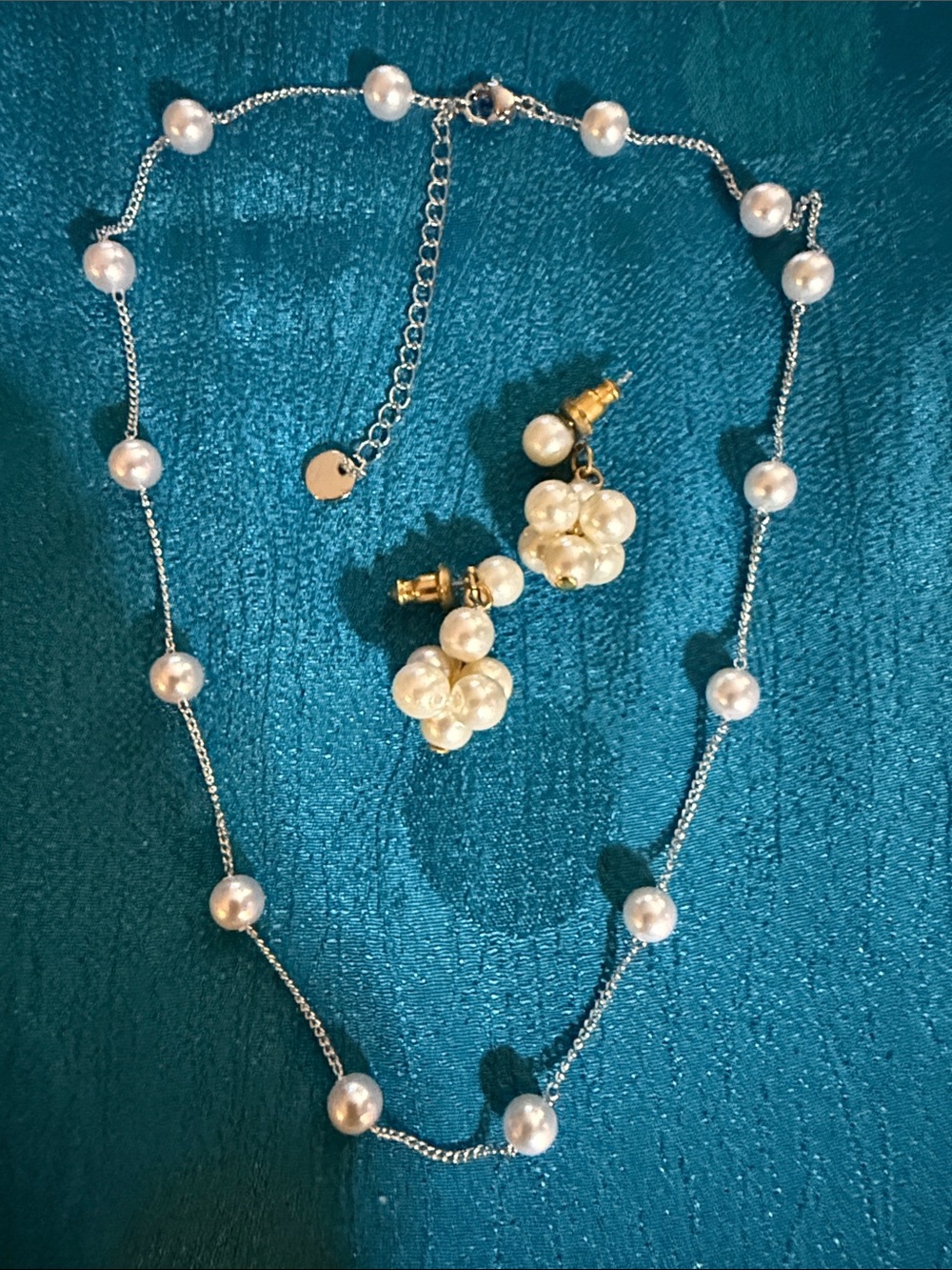 Classic Pearl Bead Necklace and Cluster Earrings Set - White Pearls